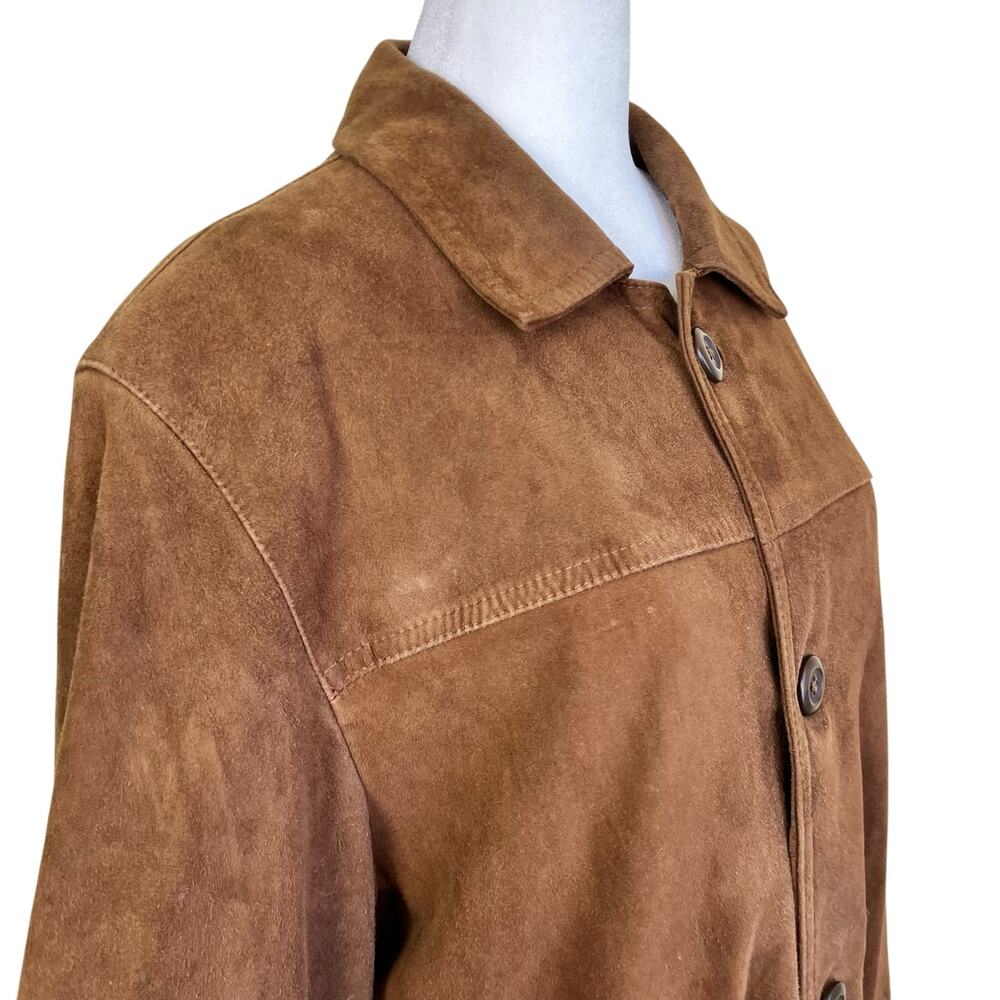 Mens Sz S Vintage 90s Brown Suede Jacket Button Front boxy Fit Hip Length Worn - Picture 2 of 16